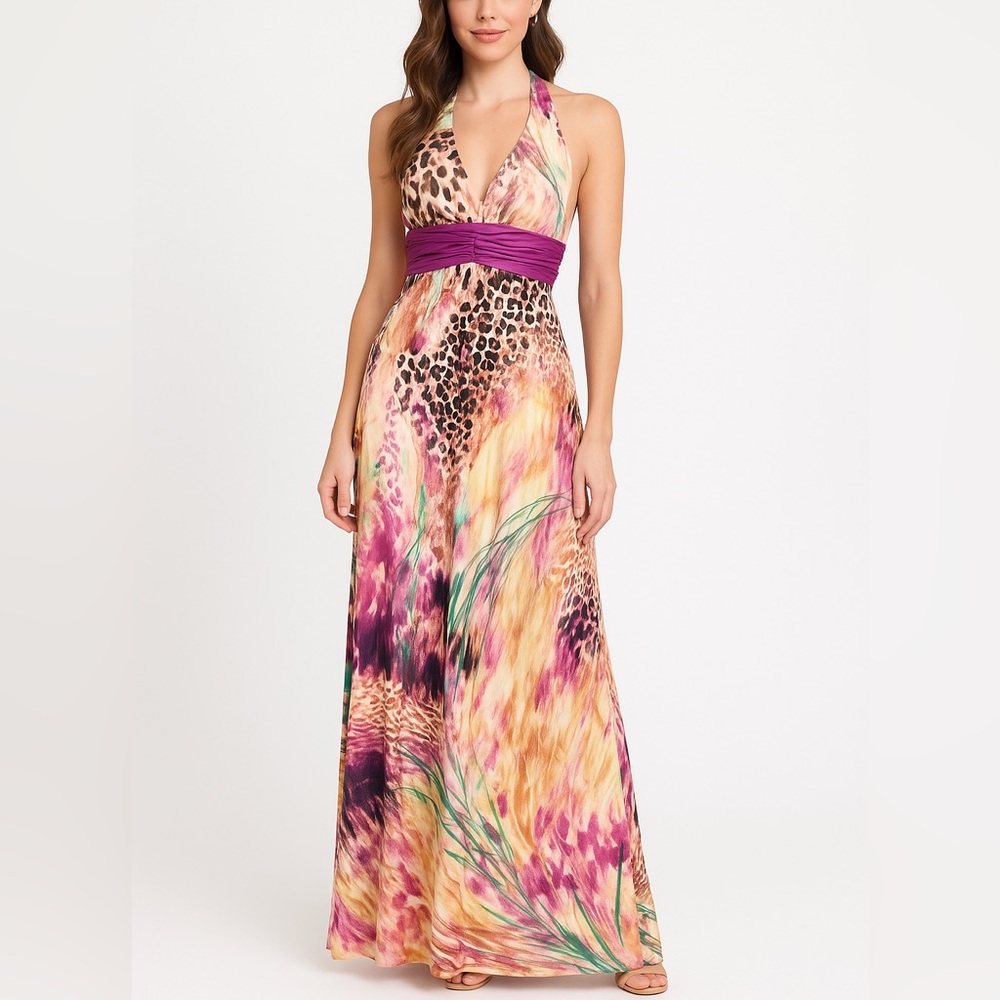 Elegant Multicolor Halter Maxi Dress